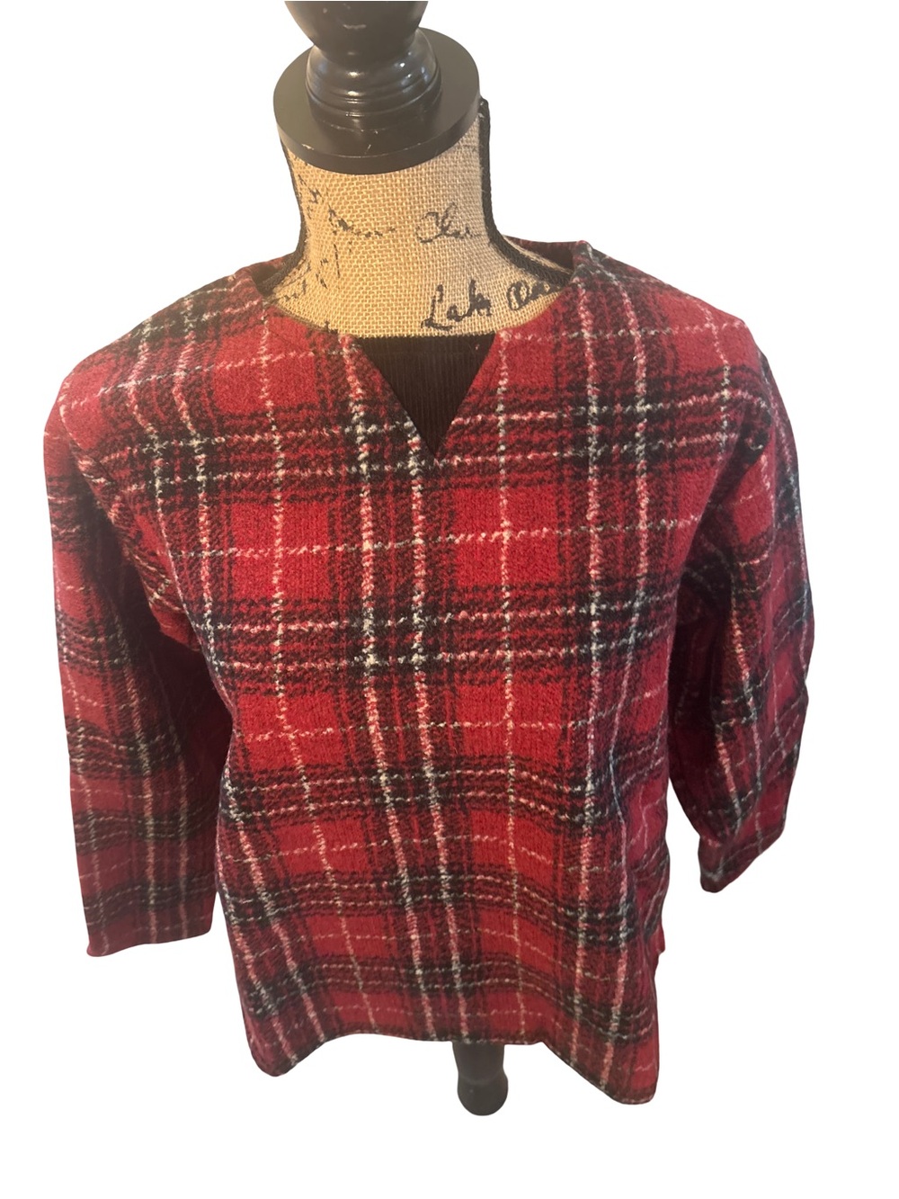 Vintage Coldwater Creek Red Plaid Fleece Pullover Top Elbow Patches Size Medium